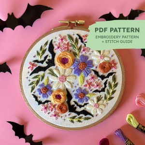 Halloween Hand Embroidery Pattern | Batty Blooms | Intermediate Embroidery Pattern | PDF Embroidery Pattern + Stitch Guide | Fall Embroidery
