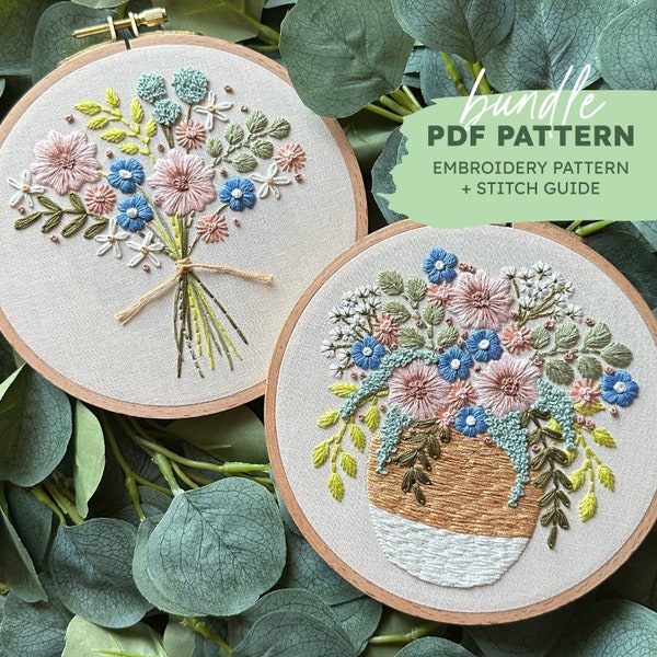 Floral Hand Embroidery Pattern | Blush Bouquet + Blush Blooms | PDF Embroidery Pattern Bundle | Beginner + Intermediate Embroidery Patterns