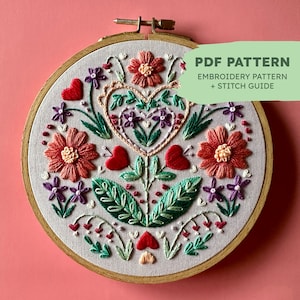 Valentine Hand Embroidery Pattern | Blooming Hearts | Intermediate Embroidery Pattern | Embroidery Pattern + Stitch Guide | PDF Download