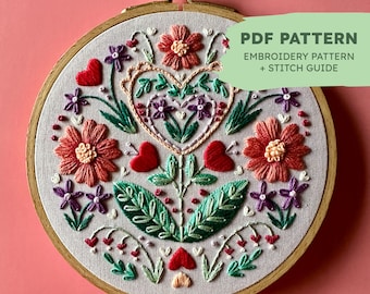 Valentine Hand Embroidery Pattern | Blooming Hearts | Intermediate Embroidery Pattern | Embroidery Pattern + Stitch Guide | PDF Download