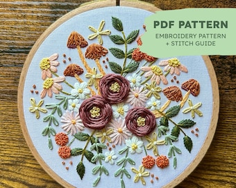 Höstbroderimönster | Rustika rötter | Mellanmönster | PDF-broderimönster + stygnguide | Svamp- + Blombroderi