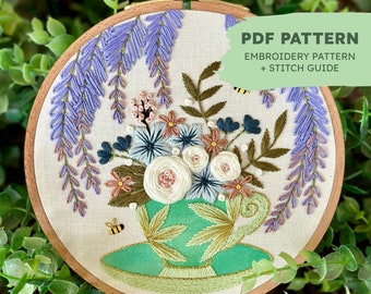 Bridgerton Embroidery Pattern | Tea of the Ton | Intermediate Embroidery Pattern | PDF Embroidery Pattern | Floral Hand Embroidery Pattern