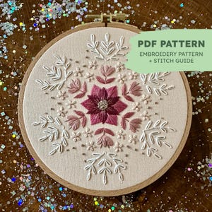 以下が含まれることがあります： ピンクの花柄が刺繍された木製フープアート。中央に大きな花があり、その周りを小さな花と葉が囲んでいます。フープは木でできており、ベージュの布地を背景にしています。テキスト「PDF PATTERN EMBROIDERY PATTERN + STITCH GUIDE」は、白い背景に緑色のテキストで表示されています。
