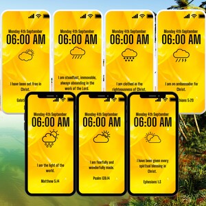 May include: A series of six yellow phone screens with a black border, each displaying a different inspirational quote and a weather icon. The quotes are from the Bible and include verses like "I am the light of the world" and "I am an ambassador for Christ".
