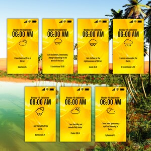 May include: A series of six yellow phone screens with a black border. Each screen displays a different inspirational quote with a corresponding image. The quotes are from the Bible and the images are of a sun, rain clouds, and a sun behind a cloud. The time on each screen is 06:00 AM. The date on each screen is Monday 4th September.
