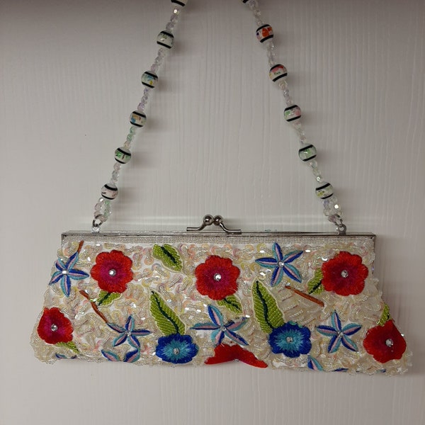 VTG White Beaded Embroidered Sequin Hand Bag Evening Purse Clutch With Flowers