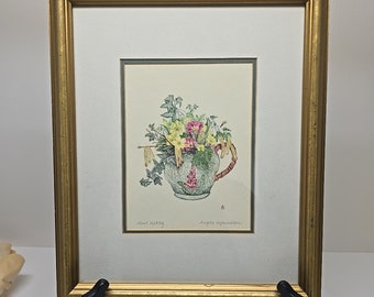 Signed Vtg Botanical Print - Spring Flowers in Teapo Artist Angela Symondson D51