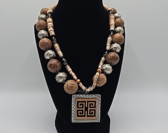 Frank Lloyd Wright Inspired Necklace w/Pendant Pewter & Wood Brutalist 19" ,3!