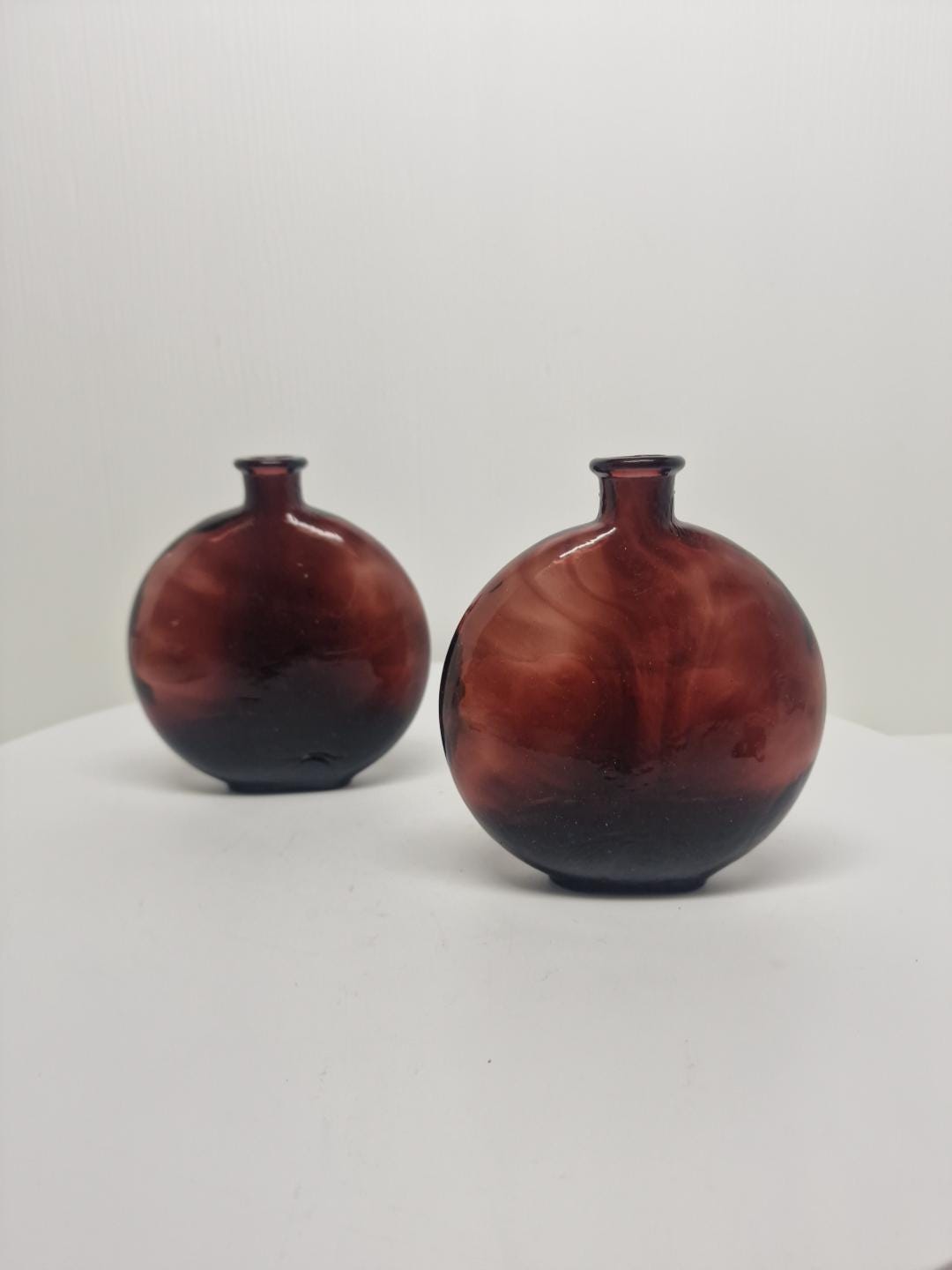 Pair Of Vintage Hand Blown Purple Art Glass Ribbed Vases Flask Bottles D80
