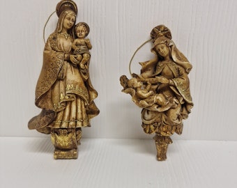 Set Of 2 Vintage Christmas Tree Ornaments Mother Mary And Jesus Resin Figurines