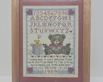 Vtg 1989 Teddy Bear Sampler Finished and Framed Cross Stitch D19