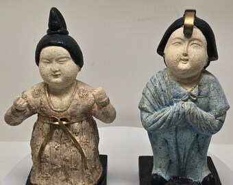 女性の顔の陶器彫刻 伝統的なクローズアップを着用したアート陶器中国女性像 2 体セット