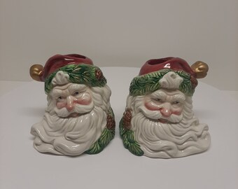 Vintage Ceramic Christmas Xmas Santa Head Candle Holder Set Of 2 4”H D22