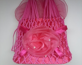 Vintage Barbiecore Satin Pink Net Handbag With Rose  Evening Purse Bag D18