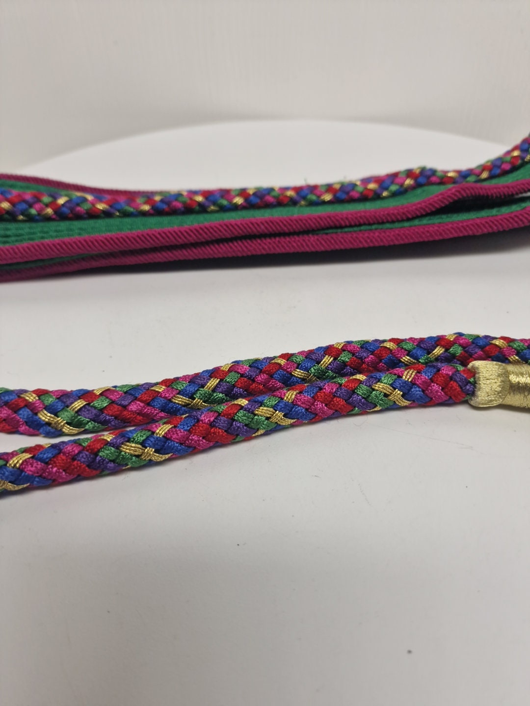 Vintage Fabric Multicolor Belt With Gold Tassels Size Large (L) Length 58” Vintage Fabric Multicolor Belt Size Large (L) Length 58 in  main image 4
