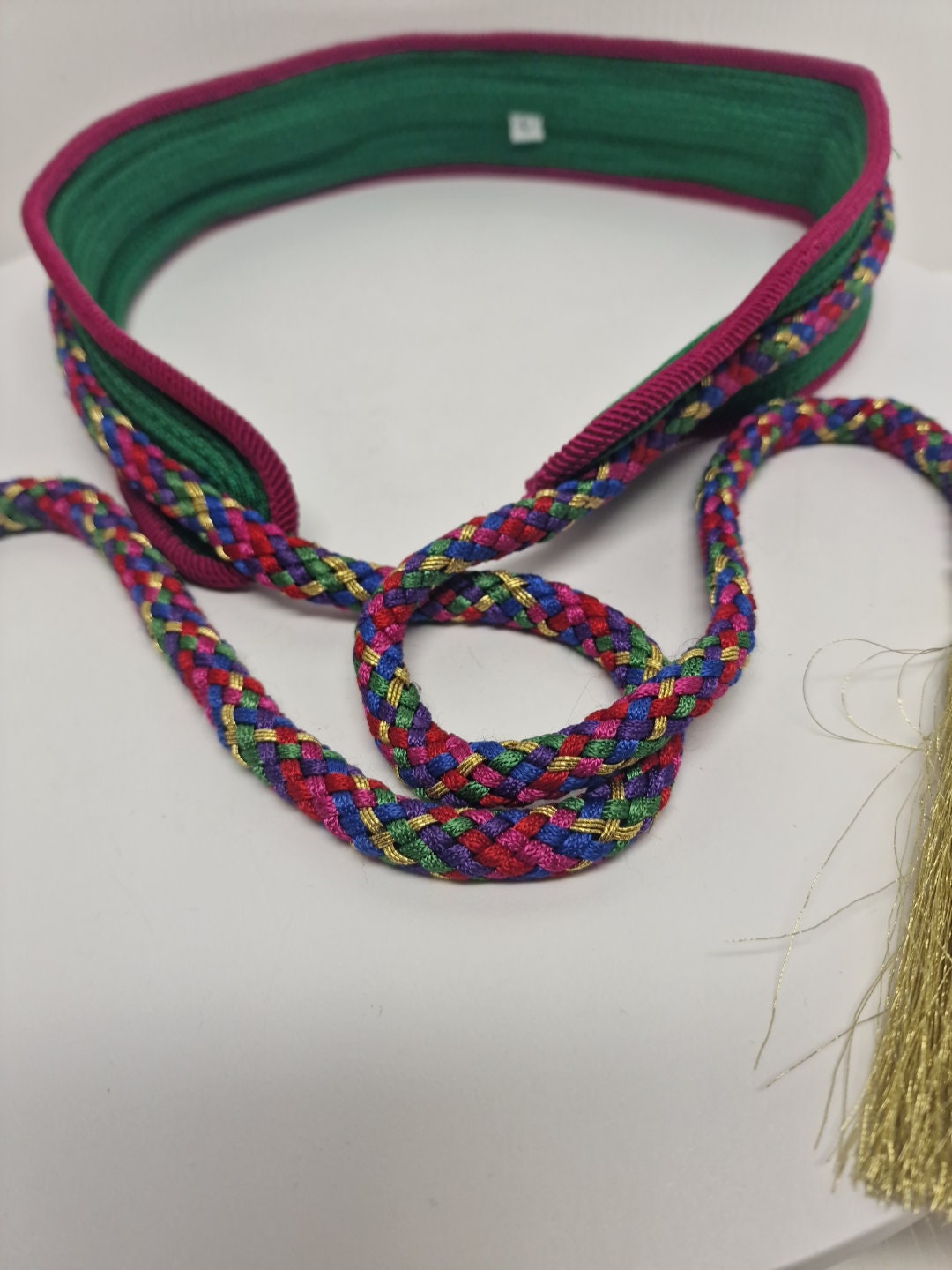 Vintage Fabric Multicolor Belt With Gold Tassels Size Large (L) Length 58” Vintage Fabric Multicolor Belt Size Large (L) Length 58 in  main image 3