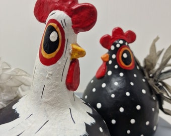 VTG Rooster & Chicken Paper Mache Hand Painted Home Decor, 2003 By Bettye, D11