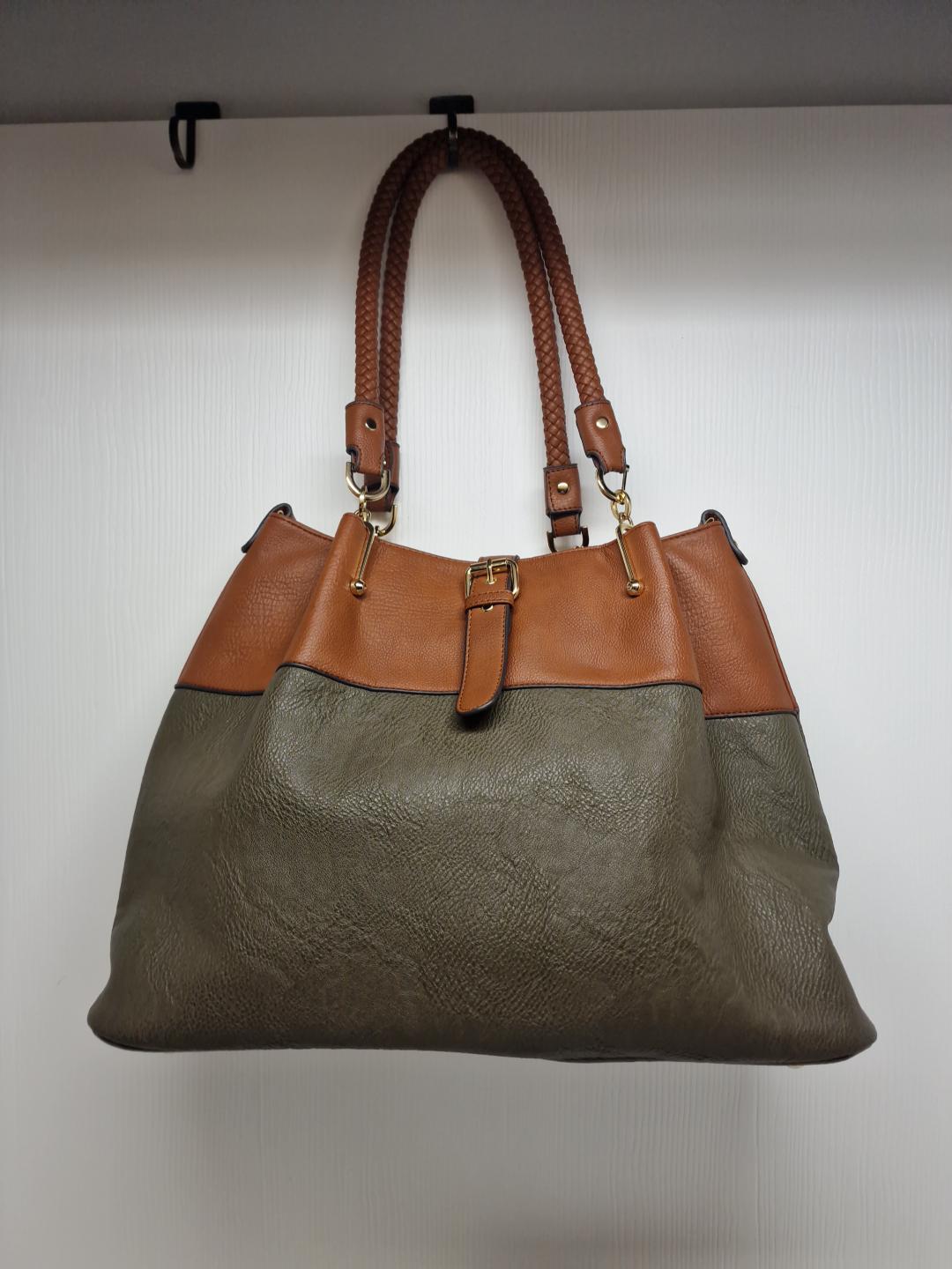 Black Rivet Brown and Olive Green Large Shoulder Bag Faux