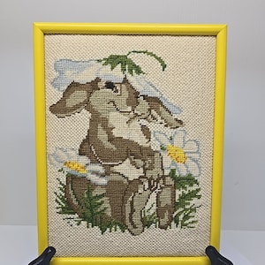 Framed Needlepoint Bunny Rabbit with Daisies