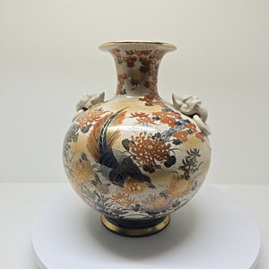 Antique Japanese Satsuma Pottery Handpainted Vase with Flower & Bird, 12.5&quot; Tall