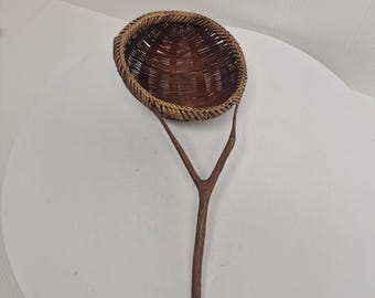 VTG Primitive Rattan Wicker Basket Woven Soop Ladle Strainer Dipper Weave D26