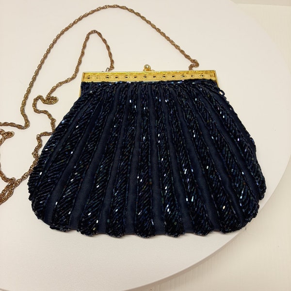 Vintage Dark Blue Beaded Evening Bag Clutch Purse With Chain Strap Handmade D14