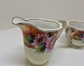 Vintage NORITAKE 1930's Cream and Sugar - Pink Flowers On Orange Rim D50