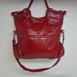 Vintage ILI New York Toronto Red Genuine Leather Tote Shoulder Bag Handbag D47