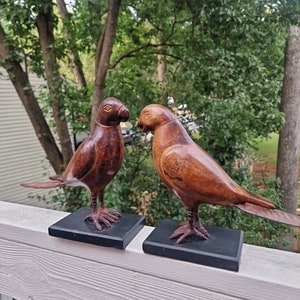 VTG Metal Carved Parrot Bird on Wood Base Standing Brown Figurine Decoration