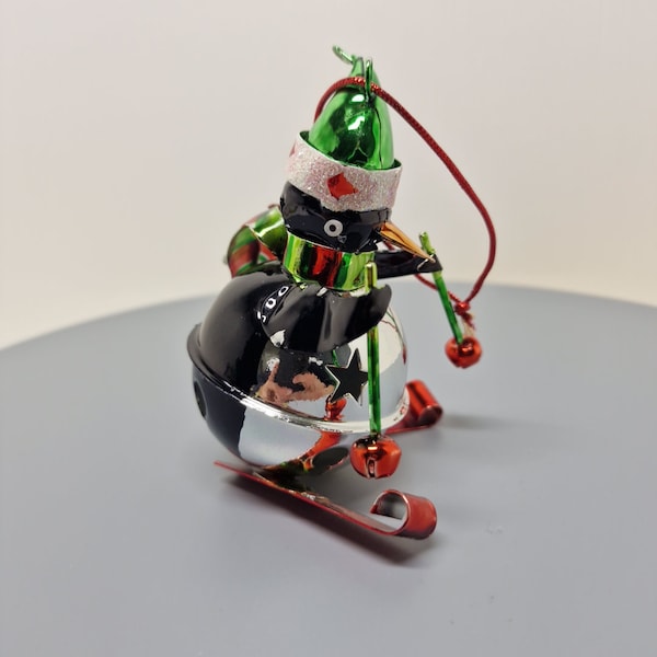 VTG Skiing Penguin Christmas Tree Ornament, Metal w/Jingle Bells Body, D7