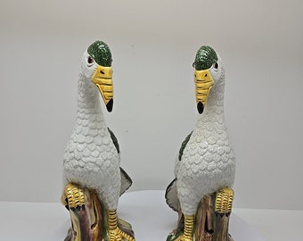 Pair of Italian Glazed Ceramic Decorative Birds Figurines in White & Green 14"