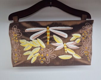 VTG Autonome Evening Silk Purse Handbag W/ Wooden Handle Clutch  Butterfly D48