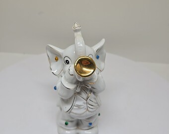 Porcelain Elephant Trunk Up Money Piggy Bank Trumpet Horn Player Music Gift D53