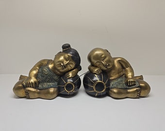 Bronze Large Statues Of Boy & Girl Monks Sleeping On Watermelon, D53