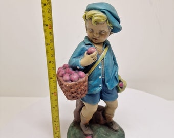 Rare Antique Hand Painted Boy Blue Hat Holding Basket of Apples D50