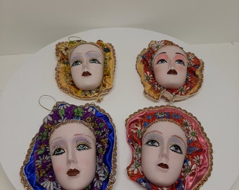 4 Vintage Mardi Gras Porcelain Ceramic Painted Wall Hanging Face Masks  D9