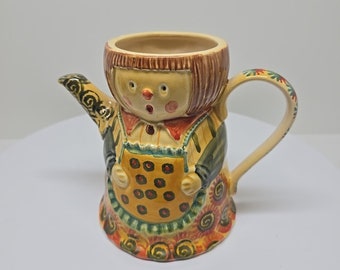 Vintage Colorful Lady in Apron, Hand Painted Italian Pottery D20