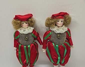 Vintage Set Of 2 Porcelain Doll Christmas Ornaments 8" Red Pierrot Clown D52