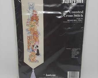 VTG Janlynn Counted Cross Stitch Kit Bears Bell Pull #125-74 Teddy Panda 1993