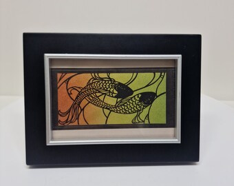 Vintage Framed Art Print Modernism Couple Of Fish  8"x6" D48