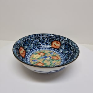 Vintage Japanese Blue Red Floral Gold Porcelain Rice Bowl Brown Rim Hand Painted