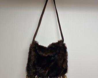 Vintage Brown Faux Fur Purse Soft  Shoulder Hobo Hand Bag D41