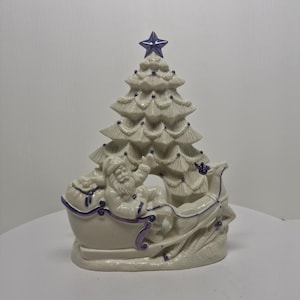 Vintage Lefton White Christmas Tree With Santa In Sleigh Candle Holder D22