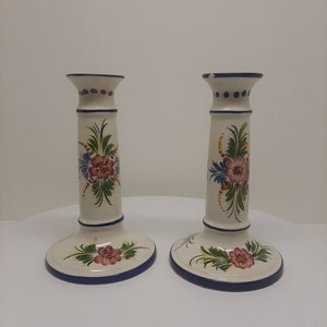 VTG RCCL Paire de bougeoirs en céramique peints à la main Portugal Art Design floral
