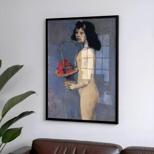 Jong meisje met bloemenmand ingelijste afdruksjabloon, klassieke kunst voor decoratie thuis of op kantoor, vintage kunst, wanddecoratie, Pablo Picasso-afdruk