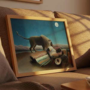 Plantilla de impresión enmarcada de "La gitana dormida", arte mural clásico para el hogar, arte vintage, galería de pared, impresión de Henri Rousseau