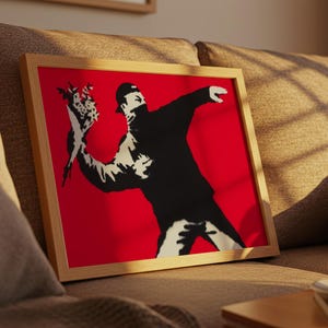 Love is in the Air Red Background Horizontal Framed Print Template, Classic Wall Art for Home Office Decor, Vintage Art, Banksy Print