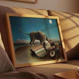 Plantilla de impresión enmarcada de "La gitana dormida", arte mural clásico para el hogar, obra maestra renacentista atemporal, impresión de Henri Rousseau