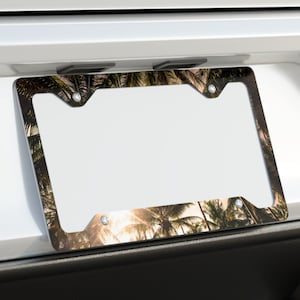 Palm Trees License Plate Frame, Vintage Retro Vibes Sunshine SUPER SLIM ALUMINUM Vibrant Glossy Finish imagem 1