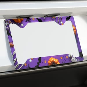 Halloween License Plate Frame, Spooky Skeleton Pumpkins, Car Tag Frame, The Perfect Gift to Drive in Style, SUPER SLIM ALUMINUM
